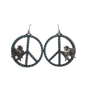 Silver Tone Turquoise Enamel Dangle Earring Peace Sign Butterfly Hook 2" Flower